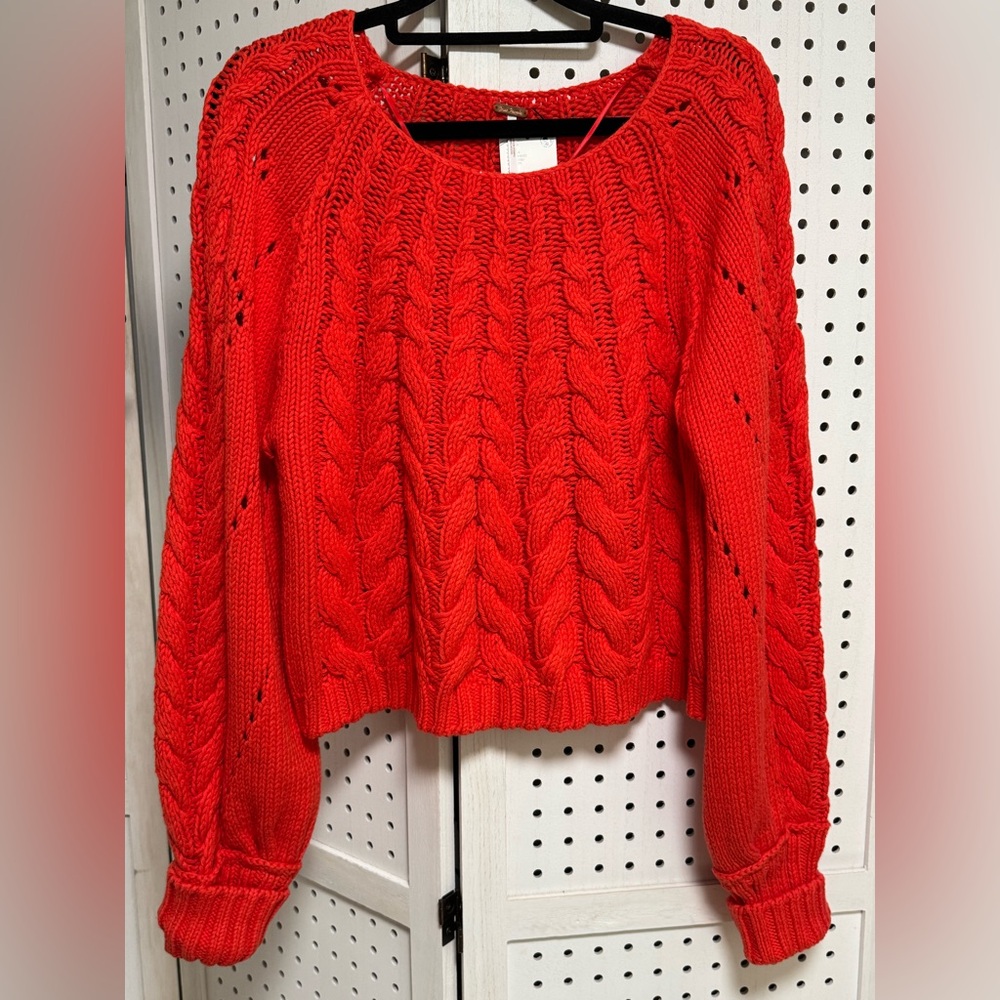 NWT Free People Cropped Red Cable Knit Sweater